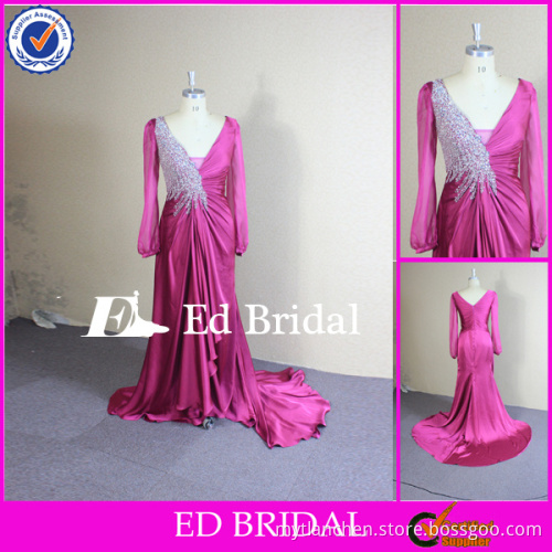 CN319 Real Picture Crystal Beaded Deep V Neck Chapel Train Pink Long Sleeve Evening Dress